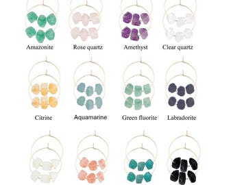 Raw Gemstone Hoop Earrings: Handmade Brass Dangle Hoops, Selling Per Pair