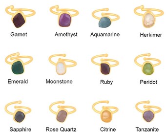 Raw Birthstone Ring Set: Gold Plated Adjustable Brass Rings