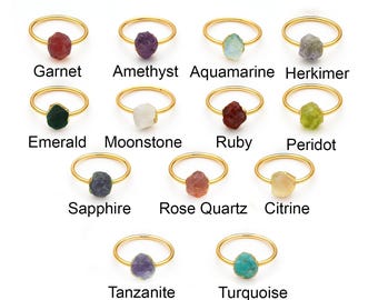 Set of 5 Raw Birthstone Rings | Electroplated Gold | Natural Gemstone Jewelry | 8-10mm Stone |