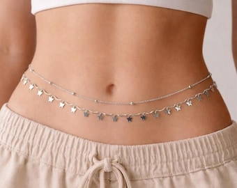 Cinturón de cadena plateada con estrella, cadena corporal de doble capa de 109 cm (43 pulgadas), cadena de vientre plateada estilo boho para mujer, cadena ajustable chapada en plata.