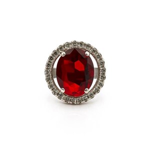 Red Glass CZ Cocktail Ring: Silver Plated Alloy, Adjustable