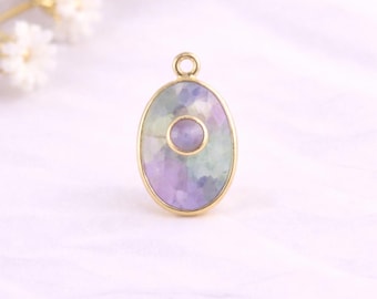 Double Oval Fluorite Pendant – Fluorite Multicolor Stone with Gold Plated Bezel Charm