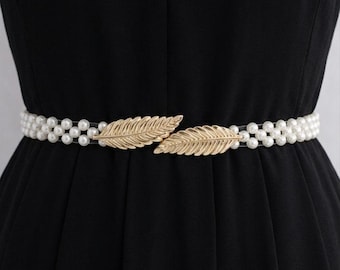 金箔パールウエストチェーンベルト、二重パールベルト、ブライダルウエストジュエリー、リーフクラスプベルト、エレガントなウェディングボディチェーン