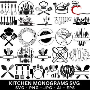 May include: Black and white kitchen-themed SVG graphics. The image features various cooking utensils, chef hats, and kitchen tools. Includes images of spatulas, whisks, spoons, forks, knives, and rolling pins. Text at the bottom reads "KITCHEN MONOGRAMS SVG".