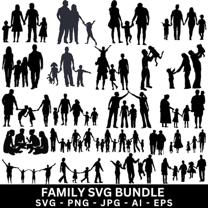 Family Size Vector Family Silhouette SVG Bundle, Father & Children Clipart (digital ...