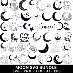 May include: A selection of black and white moon designs, featuring crescent moons, full moons, and moons with stars, crystals, and floral details. The text "MOON SVG BUNDLE" is displayed at the bottom of the image.