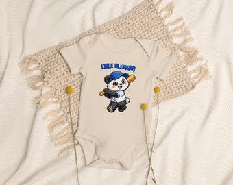Little Slugger Panda Baby Bodysuit, Organic Baby Bodysuit, Baseball Baby Outfit, Baby Shower Gift, Sports Baby Clothes