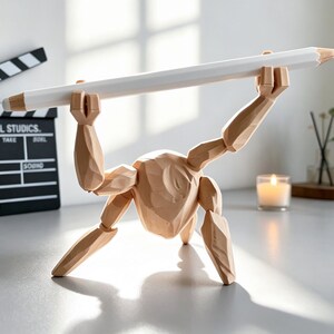 May include: A wooden artist's mannequin holds a large white pencil overhead. The mannequin is light brown and articulated. A black and white film clapperboard and a small candle are in the background.