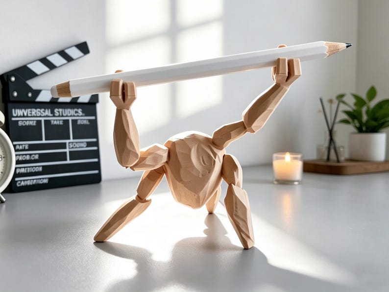 May include: A wooden artist's mannequin holds a large white pencil overhead. The mannequin is light brown and articulated. A black and white film clapperboard and a small candle are in the background.