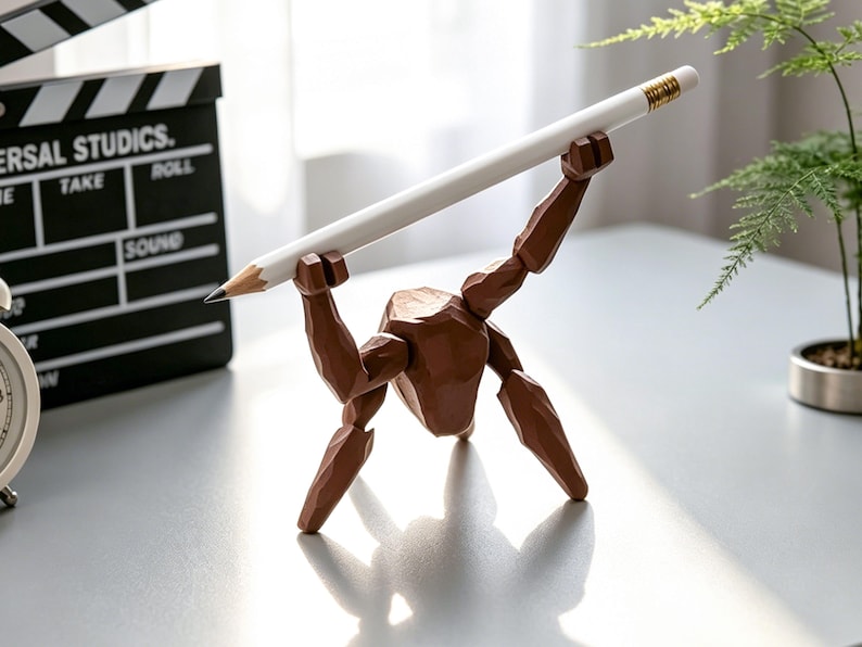 May include: A brown wooden artist's mannequin holding a white pencil with a gold ferrule. The mannequin is posed as if lifting the pencil. A black film clapperboard is in the background.