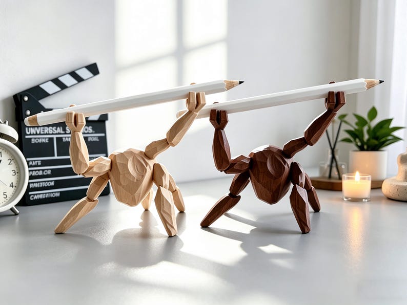 May include: Two wooden artist mannequins, one light and one dark, each holding a large white pencil. The figures are posed as if lifting the pencils. A film clapperboard and a clock are in the background, suggesting a creative or artistic theme.