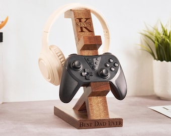 Kundenspezifischer hölzerner Kopfhörerhalter, personalisierter Controller-Ständer, gravierter Gaming- Controller und Kopfhörerständer, Weihnachtsgeschenk für Gamer