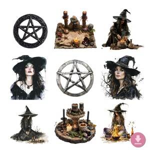 Autocollants sorcières PNG à téléchargement NUMÉRIQUE | Clipart sorcière | Images pour autocollants, sublimation, grimoire | Sorcière païenne | Pentagramme | Sorcellerie