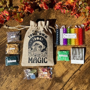 Beginner Witch Gift Spell Kit: Linen Pouch, Beeswas Candles, Black Salt, Herbs & Gems