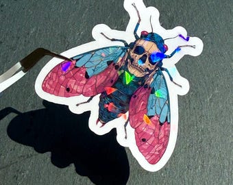Holographic Cicada Skull Sticker: Witchy Occult Laptop Decal