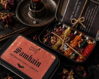SAMHAIN Dressed Spell Candles Set: Beeswax Ritual Candles with Dried Flowers