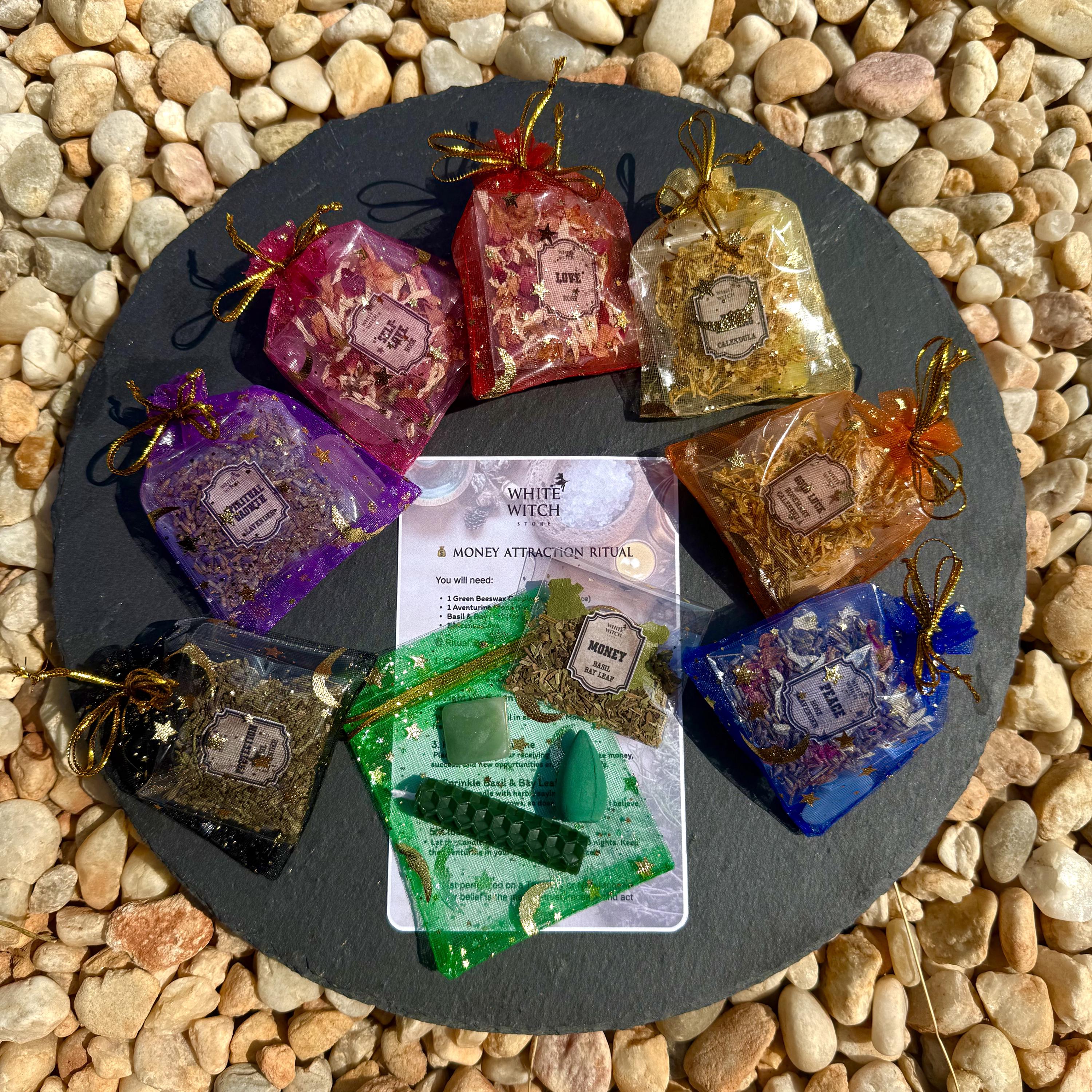 Mini Spell Kit | Beginner Witch Ritual Set | Intention Kits with Step by Step Instructions | Love, Money, Protection, Peace, Good Luck Kits