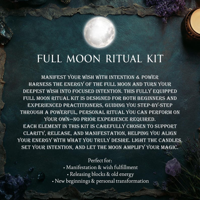 May include: A Full Moon Ritual Kit with text that reads "Manifest Your Wish with Intention & Power." The kit is designed for beginners and experienced practitioners. It supports clarity, release, and manifestation. The kit includes candles and other items.