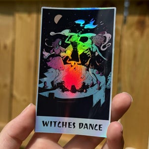 Holografische heksen dansen tarotsticker: waterdichte vinylsticker