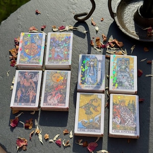 SET of 4 Tarot Matchboxes | Holographic Ritual Matches | Tarot Altar Tools | Witchy Matches | High Priestess, The Fool, The Devil, The Sun
