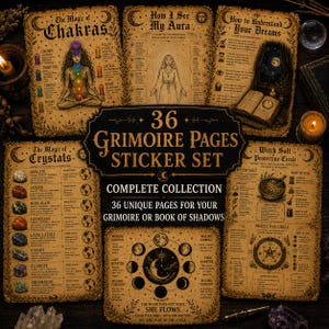 May include: A set of 36 grimoire pages stickers featuring vintage-style parchment paper with black text and illustrations. Topics include the magic of chakras, aura reading, dream interpretation, crystal properties, moon phases, and protective circles.