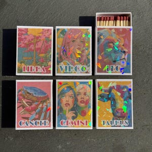 ZODIAC Matches | Holographic Matchbooks | Zodiac Gift | Pop Art Style Matchbox | Matches with Holo Sticker | Beautiful Matches for Candles
