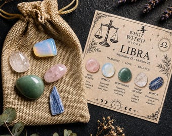 May include: A tan burlap drawstring pouch containing five polished gemstones, including opalite, clear quartz, green aventurine, rose quartz, and blue kyanite, alongside a Libra zodiac information card featuring a scale illustration and text.
