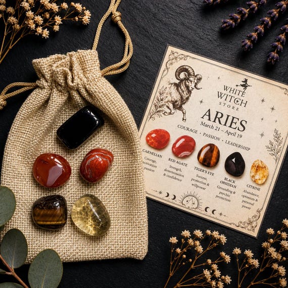 Aries Crystal Set | Aries Zodiac Gift | Astrology Crystal Kit | Healing Stones for Aries | Horoscope Crystals | Witchcraft Altar Gift