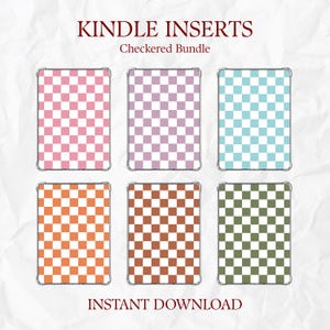Könnte beinhalten: Digitales Produkt mit sechs Kindle-Einsätzen mit Schachbrettmuster in verschiedenen Farben: Rosa, Lila, Blau, Orange, Braun und Grün. Der Text "Kindle Inserts Checkered Bundle" und "Instant Download" ist zu sehen.
