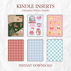 Könnte beinhalten: Digitaler Download mit Kindle-Einsätzen zum Thema Weihnachts-Winter-Bundle. Das Bild zeigt sechs verschiedene Designs, darunter festliche Illustrationen und gemusterte Hintergründe. Der Text oben lautet "KINDLE INSERTS" und "Christmas Winter Bundle".