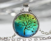 Tree Necklace, Tree of Life, Blue and Green Nature Art Pendant in Bronze or Silver with Link Chain Included