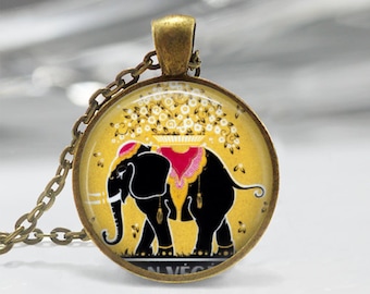 Elephant Necklace Vintage Perfume Label Good Luck Art Pendant in Bronze or Silver with Chain Included