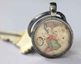 Vintage Globe Keychain Car Accessories Old World Map Travel Key Chain Key Fob in Bronze or Silver