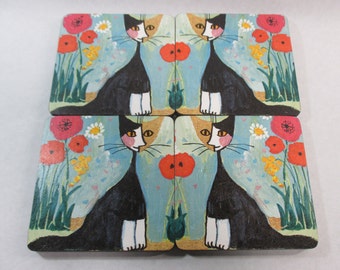 Cubism Style Floral Cat Functional Art Wood Drink Coasters Set of 4