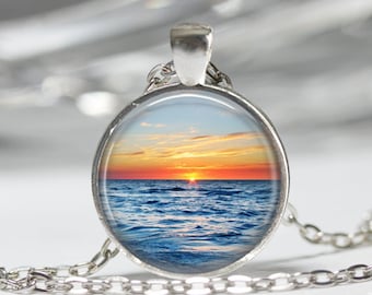 Beach Jewelry Sunset Necklace Nautical Ocean Sunset Art Pendant in Bronze or Silver with Chain Included