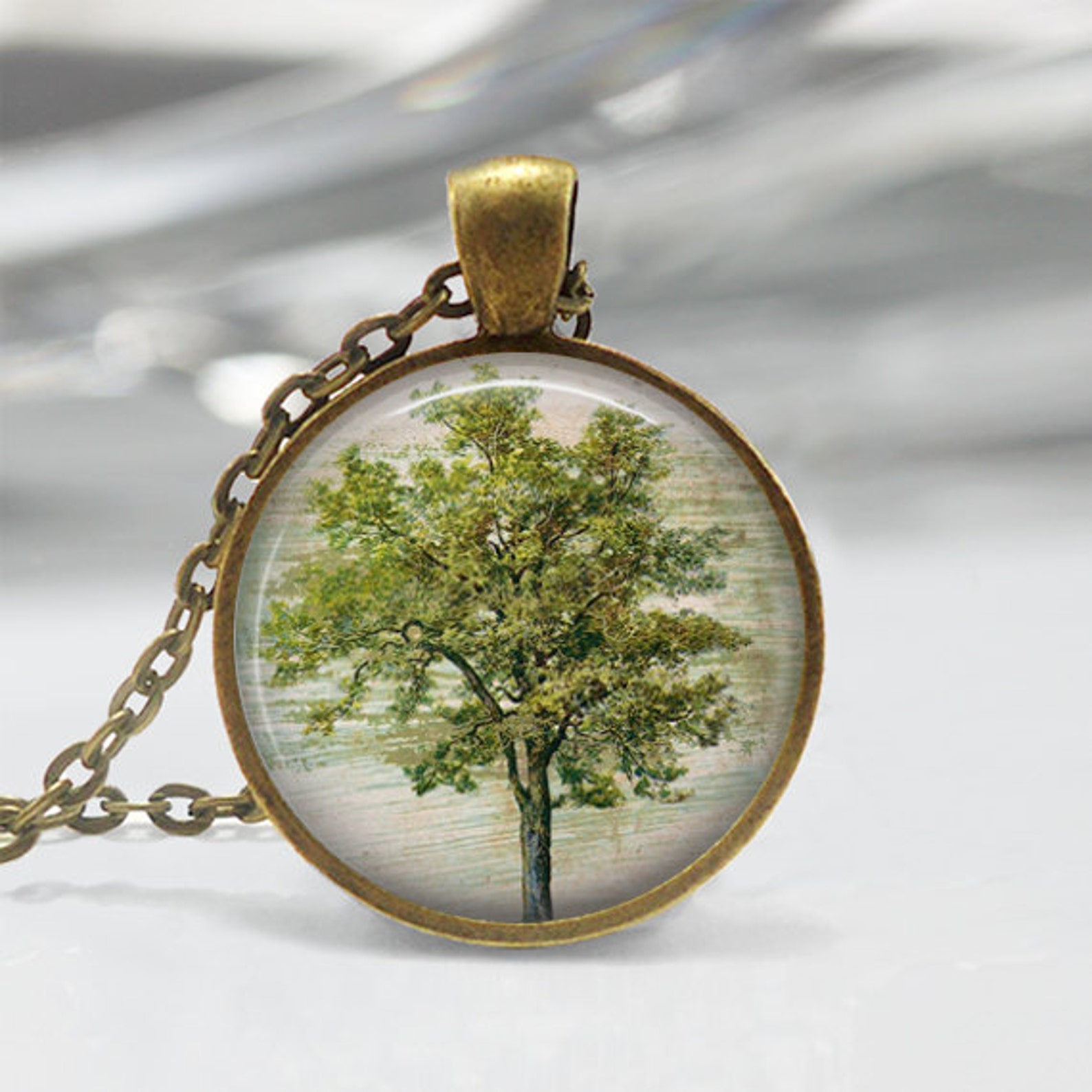 Green Tree Necklace Glass Bezel Art Pendant in Bronze or Etsy