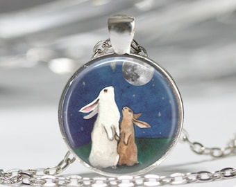 Rabbit Necklace Full Moon Jewelry I Love You to the Moon and Back Art Pendant in Bronze or Silver with Chain Included