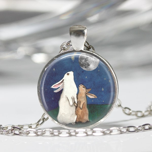 Rabbit Necklace Full Moon Jewelry I Love You to the Moon and Back Art Pendant in Bronze or Silver with Chain Included