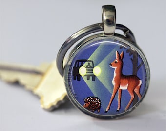 Deer in Headlights Keychain Hedgehog Woodland Key Fob Car Accessories in Bronze or Silver