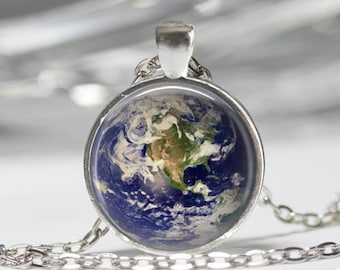 Planet Earth Necklace Solar System Glass Bezel Art Pendant in Bronze or Silver with Chain Included