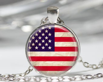 American Flag Necklace Patriotic Jewelry America United States 4th of July Art Pendant in Bronze or Silver with Chain Included