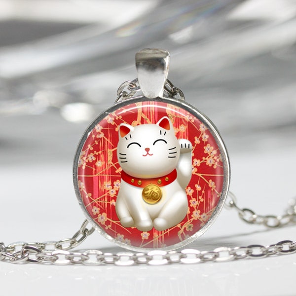 Lucky Cat Necklace Red Maneki Neko Good Luck Charm Japanese Art Pendant in Bronze or Silver with Chain Included