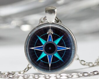 Compass Rose Necklace Nautical Jewelry Navy Blue and Aqua Art Pendant in Bronze or Silver with Chain Included