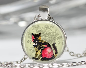 Black Cat Necklace Cat Jewelry Floral Print Animal Nature Floral Art Pendant in Bronze or Silver with Chain Included