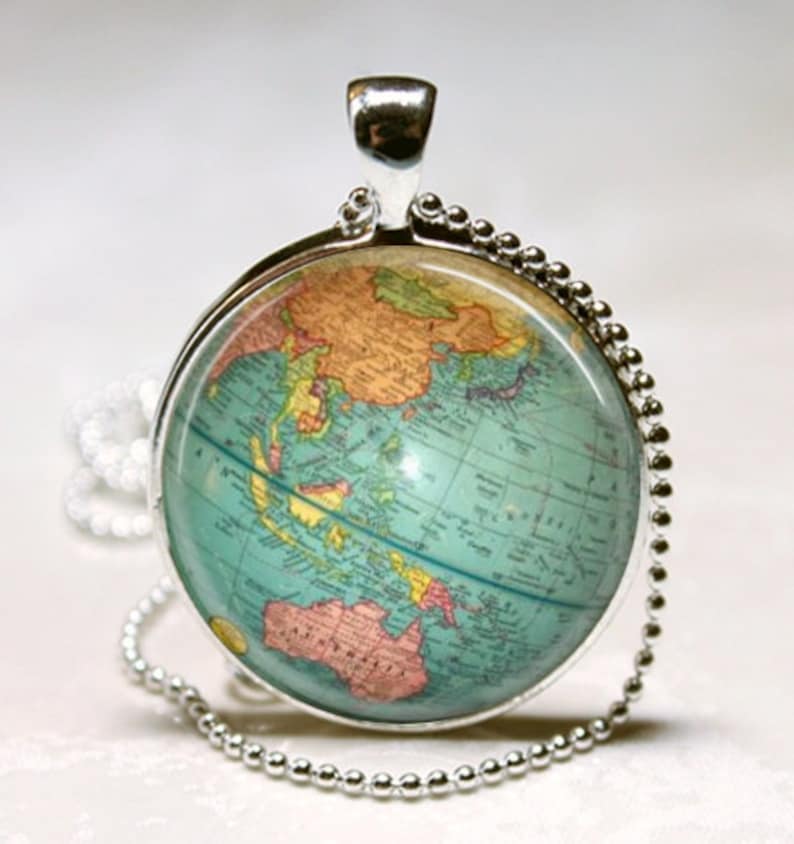 Vintage Globe Necklace Planet Earth World Map Art Pendant in Bronze or Silver with Chain Included image 3