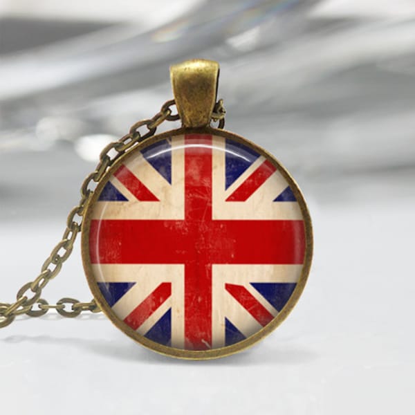 Union Jack British Flag Collier Royaume-Uni UK Art Pendentif en bronze ou argent avec chaîne incluse