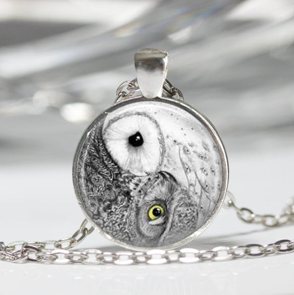 Yin Yang Owl Necklace Bird Jewelry Zen Nature Art Pendant in Bronze o…