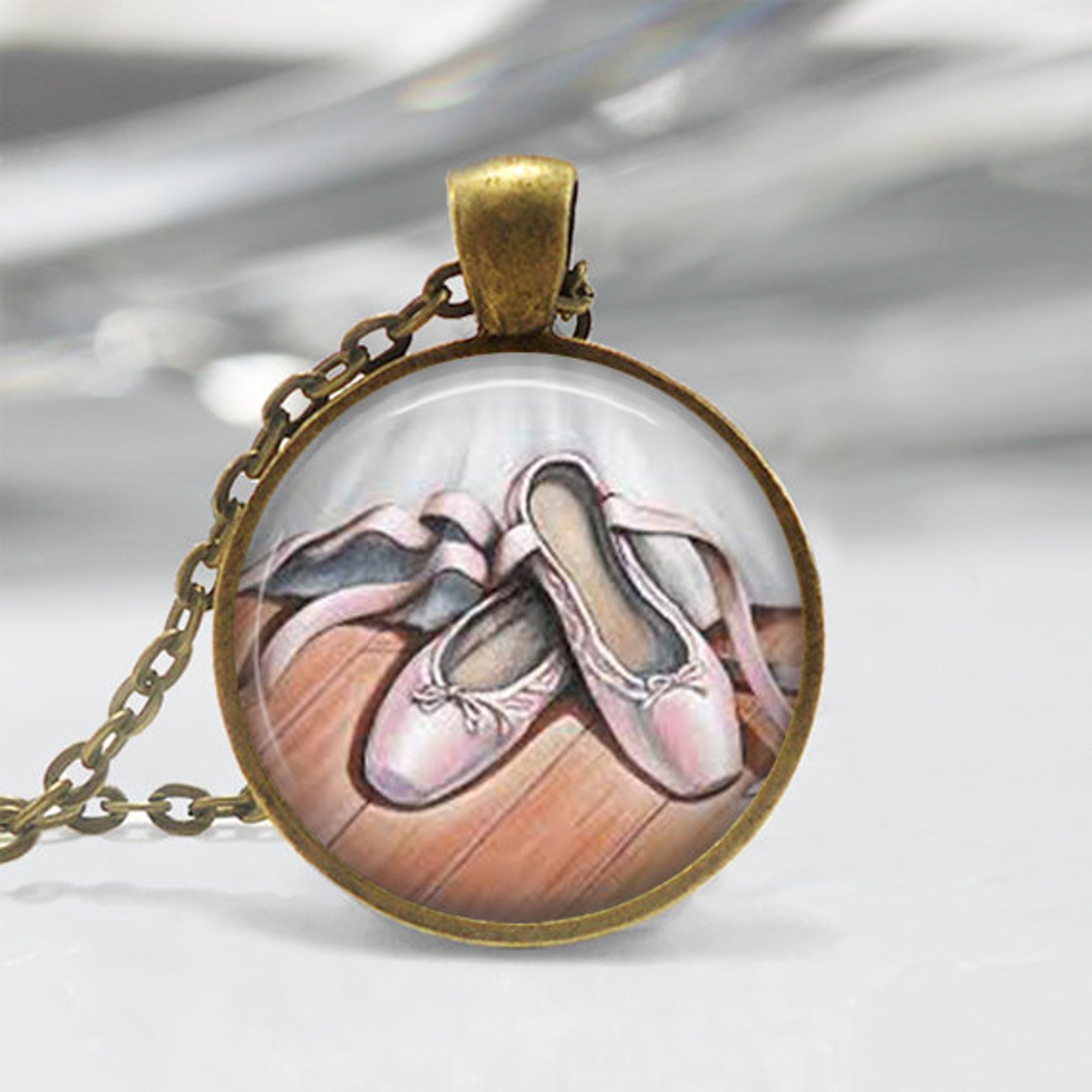 ballet necklace dance jewelry pink ballerina slippers dancer art pendant in bronze or silver with link chain included