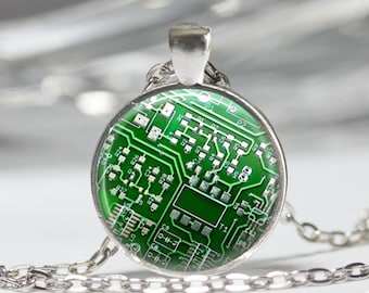 Geek Jewelry Computer Necklace Green Circuit Board Computer Chip Art Pendant in Bronze or Silver with  Chain Included