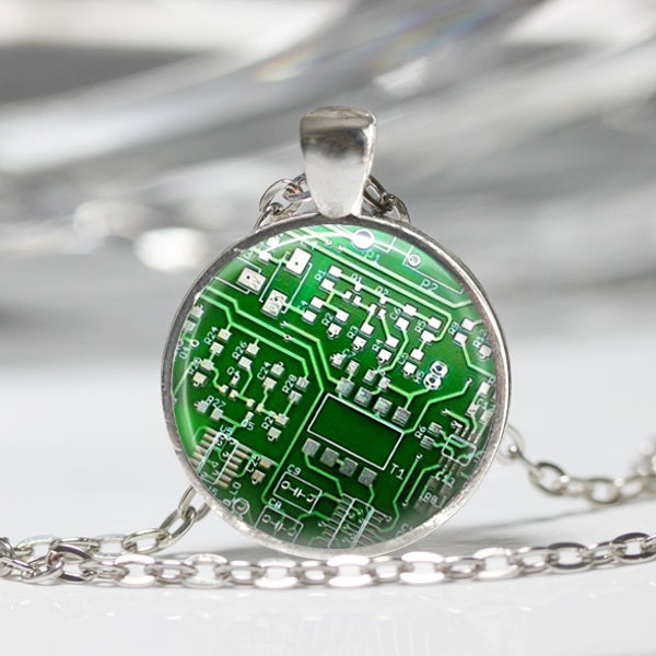 Geek Jewelry Computer Necklace Green Circuit Board Computer Chip Art Pendant in Bronze or Silver with  Chain Included